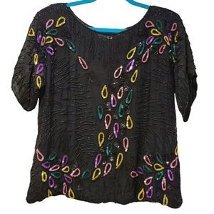 NWT Jasmine Black Beaded/ Sequins 100% Silk Blouse Short Sleeve Gatsby | S